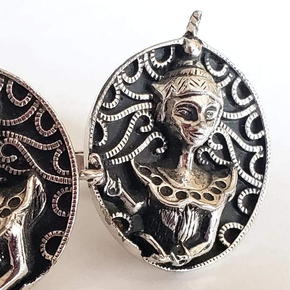 Vintage SWANK Hindu Deity Goddess Asian Cuff Links Large Oval Silver Tone